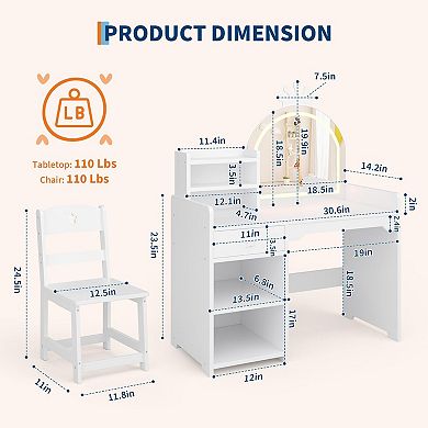 Kids Makeup Vanity Desk and Chair Set, Toddler Vanity Table with Lights and Open Storage Cabinet