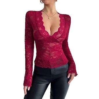 Women's Casual Lace Long Sleeve Tops Blouse Deep V Neck Long Sleeve Y2K Sheer Slim Fitted Shirt