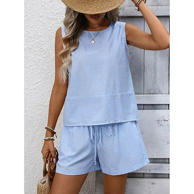 Women's Summer Casual Striped Sleeveless Two Piece Set Casual Tank Top Drawstring Shorts Outfit