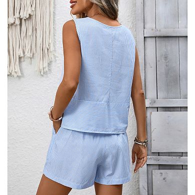 Women's Summer Casual Striped Sleeveless Two Piece Set Casual Tank Top Drawstring Shorts Outfit