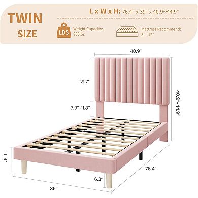 Velvet Bed Frame, Vertical Channel Tufted Headboard, Height Adjustable