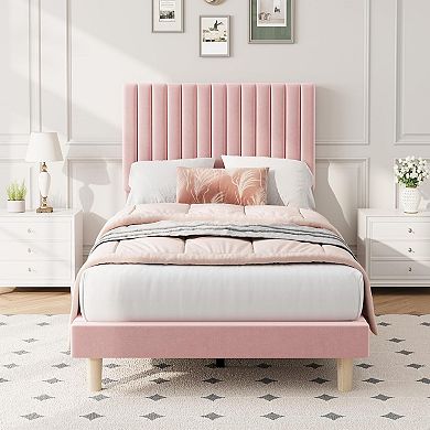 Velvet Bed Frame, Vertical Channel Tufted Headboard, Height Adjustable