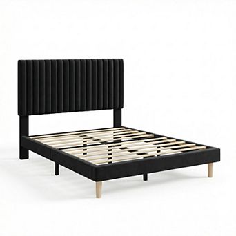 Velvet Bed Frame, Vertical Channel Tufted Headboard, Height Adjustable
