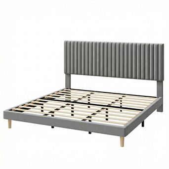 Velvet Bed Frame, Vertical Channel Tufted Headboard, Height Adjustable