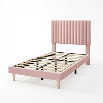 Velvet Bed Frame, Vertical Channel Tufted Headboard, Height Adjustable