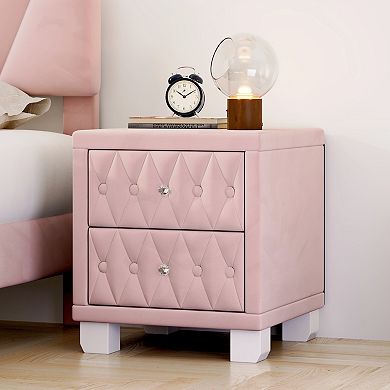 KWPZQEB Elegant Nightstand, Button-Tufted Bedside Table w/ 2 Drawers & Crystal Handle for Bedroom