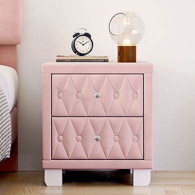 KWPZQEB Elegant Nightstand, Button-Tufted Bedside Table w/ 2 Drawers & Crystal Handle for Bedroom