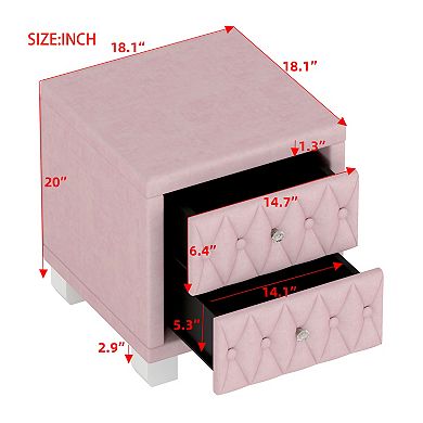 KWPZQEB Elegant Nightstand, Button-Tufted Bedside Table w/ 2 Drawers & Crystal Handle for Bedroom