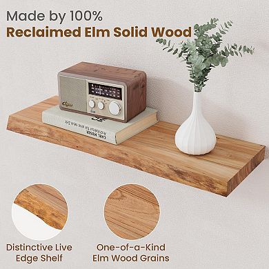 24in Rustic Elm Floating Shelves Live Edge Invisible Bracket Wall Mount 2Packs