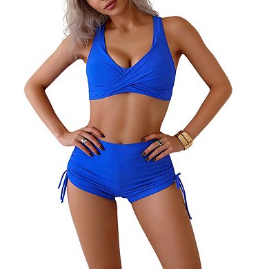 Women's Swimsuit Set Racerback Top High Waist Shorts Adjustable Side Drawstring Bikini