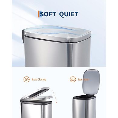 13 Gallon Slim Trash Can, Narrow Stainless Steel Garbage Can with Soft Close Lid and Inner Bucket