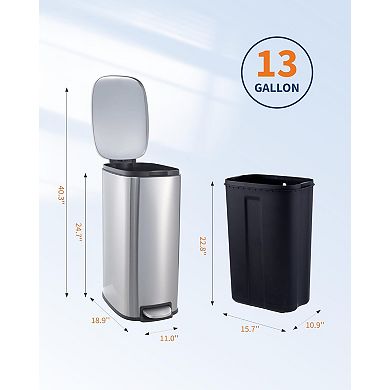 13 Gallon Slim Trash Can, Narrow Stainless Steel Garbage Can with Soft Close Lid and Inner Bucket