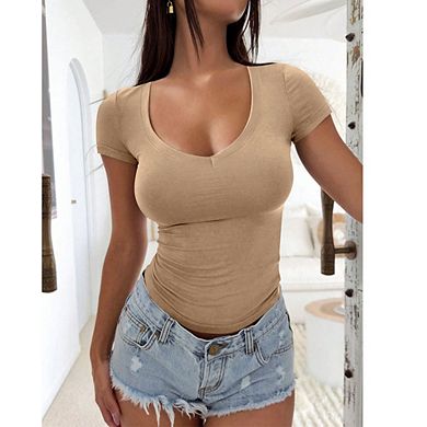 Women Scoop Neck Tops Short Sleeve Tunic Shirts Slim Fit Basic Summer Tshirt Tee