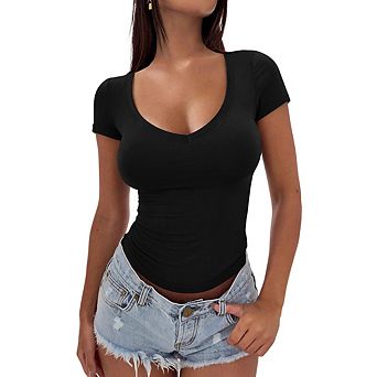 Women Scoop Neck Tops Short Sleeve Tunic Shirts Slim Fit Basic Summer Tshirt Tee