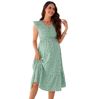 Boho Floral V-Neck Maternity Dress Smocked Flutter Sleeves Split A-Line for Baby Shower Photoshoot