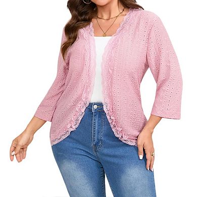Women's Plus Size 3/4 Sleeve Open Front Cardigan Lace Hem Hollowed Lightweight Cardigans Sweater