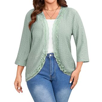 Women's Plus Size 3/4 Sleeve Open Front Cardigan Lace Hem Hollowed Lightweight Cardigans Sweater