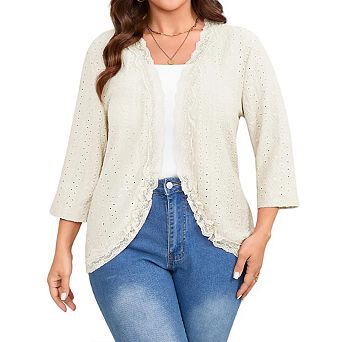 Women's Plus Size 3/4 Sleeve Open Front Cardigan Lace Hem Hollowed Lightweight Cardigans Sweater