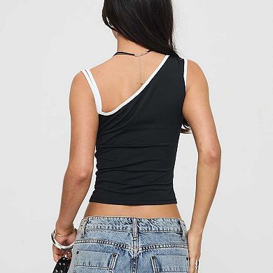 Women's Contrast Trim One Shoulder Crop Top, Asymmetric Slim Fit Tank Top