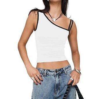 Women's Contrast Trim One Shoulder Crop Top, Asymmetric Slim Fit Tank Top