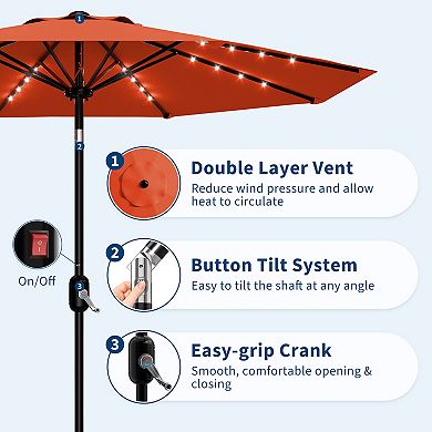 9FT Patio Umbrella with Solar Lights,Outdoor Table Umbrella with 8 Durable Ribs,Tilt,Crank Mechanism