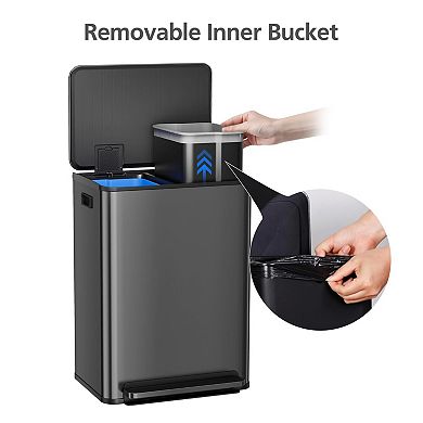 16 Gallon Dual Stainless Steel Trash Can, Kitchen Recycling Bin with Soft-Close Lid, Step Pedal