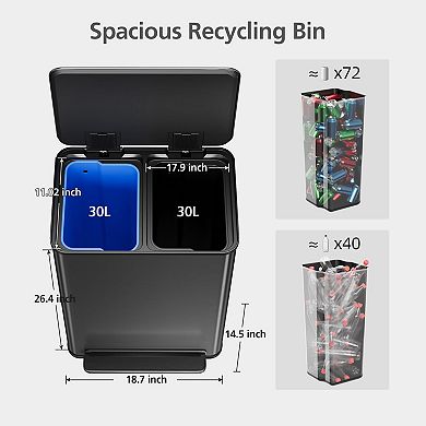 16 Gallon Dual Stainless Steel Trash Can, Kitchen Recycling Bin with Soft-Close Lid, Step Pedal