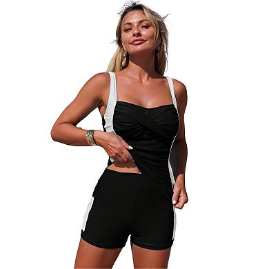 Women's Ruffled Ruched Crop Tank Top with Side Pocket Shorts Two Piece Swimsuit Bathing Suit