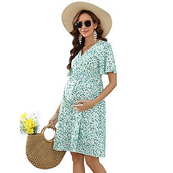 Women's Maternity Wrap Dress Short Sleeve V Neck A Line Casual Midi Dress