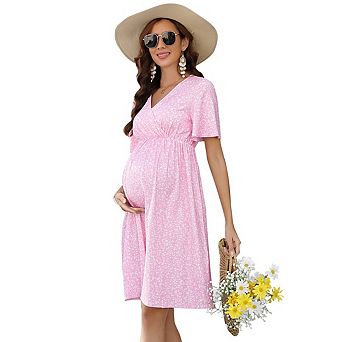 Women's Maternity Wrap Dress Short Sleeve V Neck A Line Casual Midi Dress