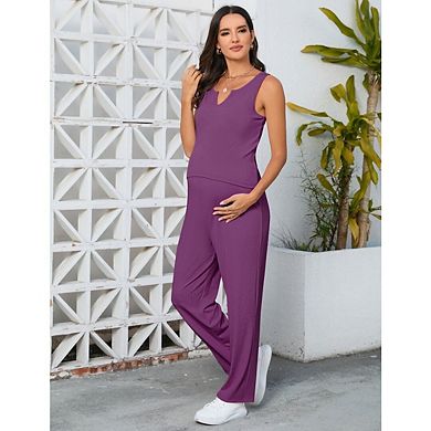 Women's Maternity 2 Piece Sets Rib Sleeveless V Neck Tank Top Wide Leg Long Pants