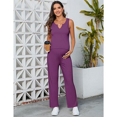 Women's Maternity 2 Piece Sets Rib Sleeveless V Neck Tank Top Wide Leg Long Pants