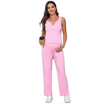 Women's Maternity 2 pc Sets Rib Sleeveless V Neck Tank Top Wide Leg Long Pants