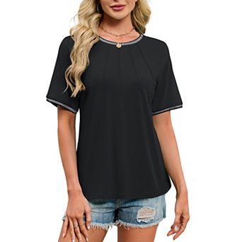 Womens Pleated Round Neck T-Shirt Short Sleeve Contrast Trim Casual Top Summer Loose Fit Boho Blouse