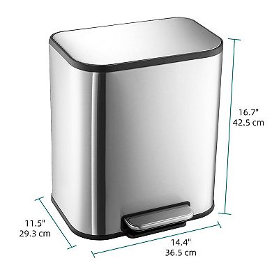 Stainless Steel Trash Can, Rectangular Garbage Can with Soft Close Lid, Foot Pedal and Inner Bucket