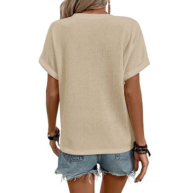 Women's Short Sleeve Waffle Knit Blouse Split Neckline Button Loose Casual Tops