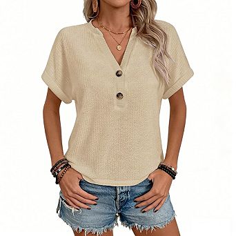 Women's Short Sleeve Waffle Knit Blouse Split Neckline Button Loose Casual Tops