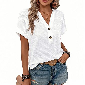 Women's Short Sleeve Waffle Knit Blouse Split Neckline Button Loose Casual Tops