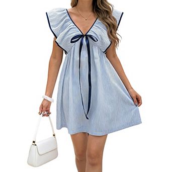 Women's V Neck Ruffle Sleeve Mini Dress Casual Striped Loose Fit Babydoll Dresses for Summer
