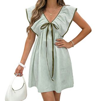 Women's V Neck Ruffle Sleeve Mini Dress Casual Striped Loose Fit Babydoll Dresses for Summer