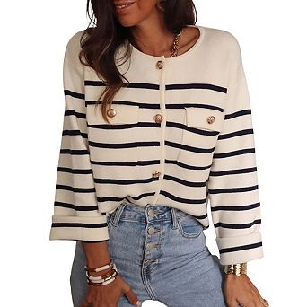 Women Long Sleeve Striped Sweater Cardigan Button Front Knit Trendy Coat Jackets Tops