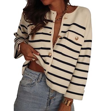Women Long Sleeve Striped Sweater Cardigan Button Front Knit Trendy Coat Jackets Tops