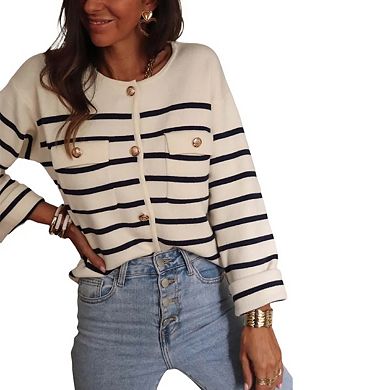 Women Long Sleeve Striped Sweater Cardigan Button Front Knit Trendy Coat Jackets Tops