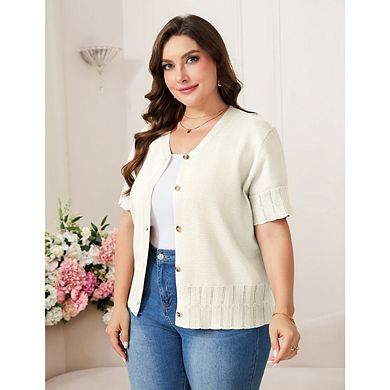 Women's Plus Size Button-Down Cardigan, Sheer Round Neck, Short Sleeve Knitted Sweater