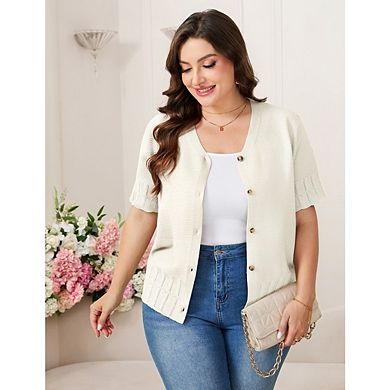 Women's Plus Size Button-Down Cardigan, Sheer Round Neck, Short Sleeve Knitted Sweater