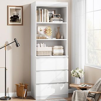 70 in Bookcase with Drawers, Farmhouse Bookshelf, Wooden Deep Bookshelves Storage Cabinet