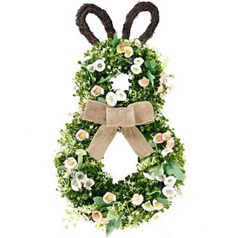 24” Easter Bunny Wreath Spring Daisy Greenery Bow Door Decor