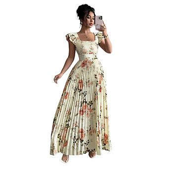 Floral Pleated Maxi Dress Square Neck Flowy Summer Long Wedding Guest Dresses for Women