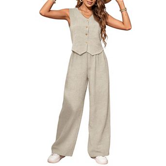 Women's Two Piece Outfits - Sleeveless Button Down Vest Top and Elastic Waist Wide Leg Pants
