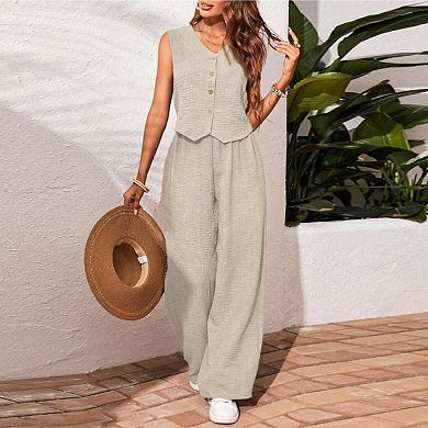 Women's Two Piece Outfits - Sleeveless Button Down Vest Top and Elastic Waist Wide Leg Pants